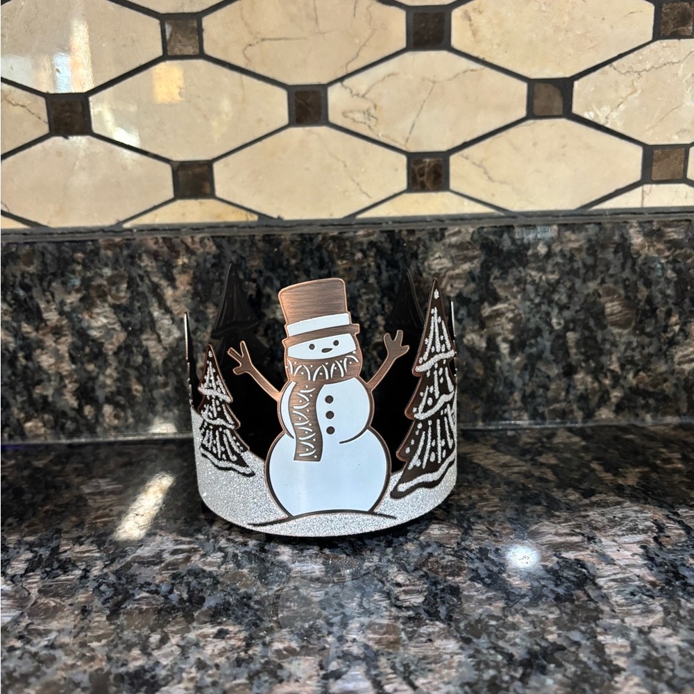 Bath & Body Works Festive Snowman 3 Wick Candle Holder - Silver and White